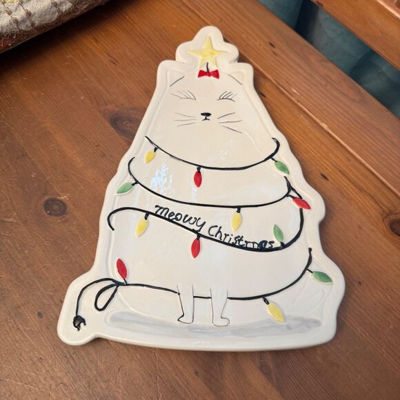 Arlington Designs White Cat Christmas Snack Tray  Meowy Christmas - Picture 1 of 8